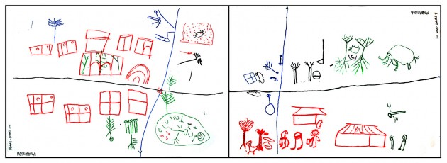 Drawings by a group of BaAka pygmies in the Central African Republic. The drawing on the left shows their current situation. The drawing on the right depicts their hopes for the future, with wildlife, a school and forest products playing an important role. Agni Klintuni Boedhihartono